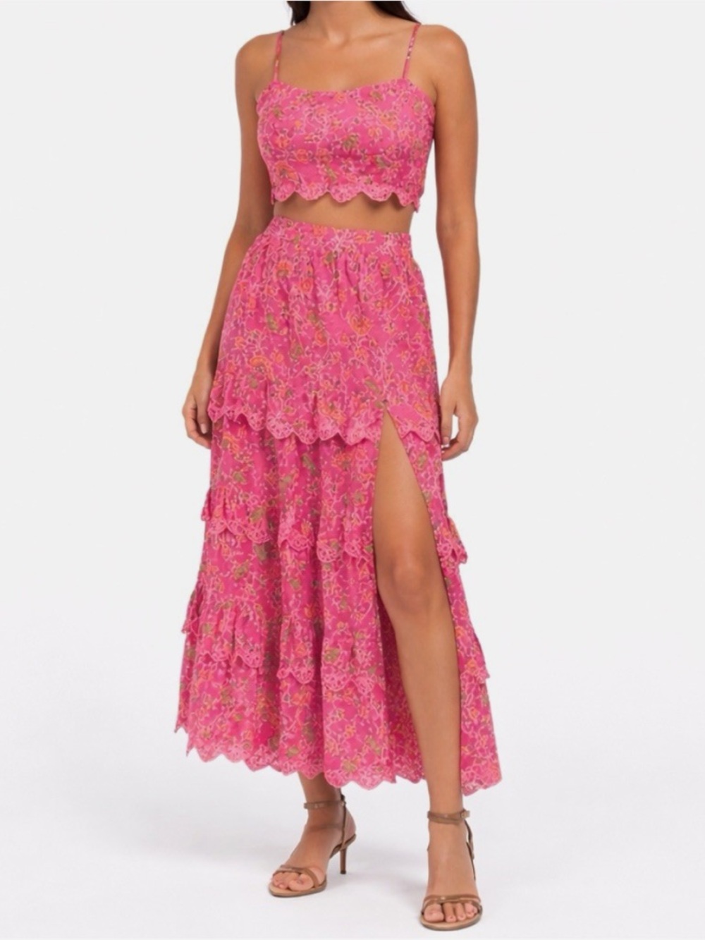 Caroline Constas 2pc pink floral Set Crop sleeveless Top Maxi Skirt NWT